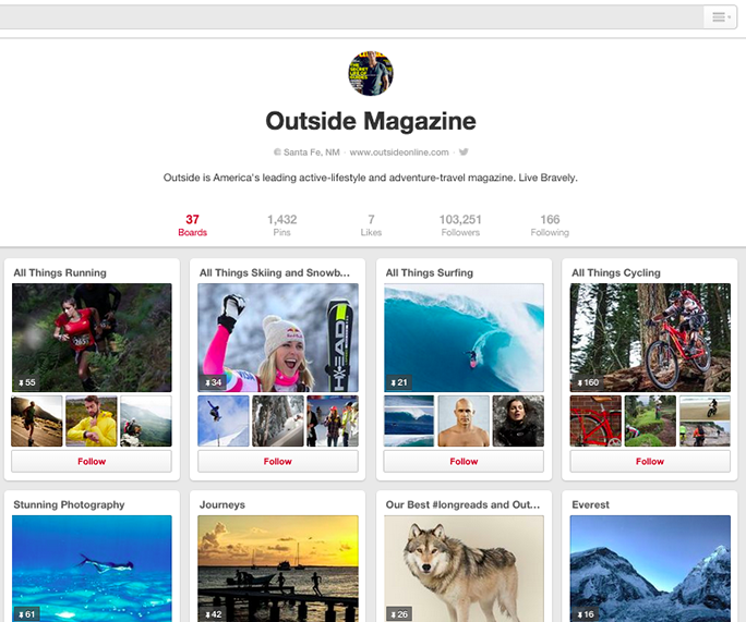 Outside Magazine does a great job of showing off its brand with a visually appealing Pinterest page.