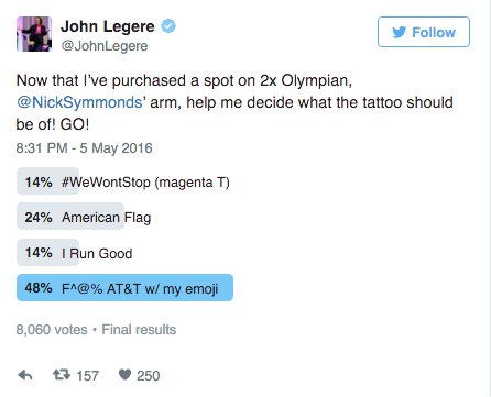 John Legere Tweet about Nick Symmonds and T-Mobile