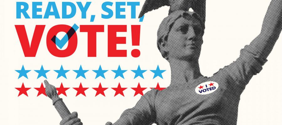 Lady Victory with "Ready, set, vote!" text, sized for twitter