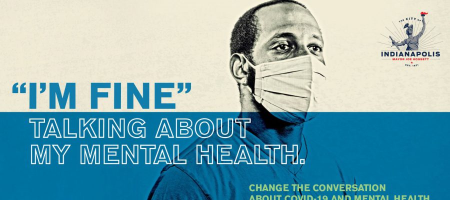 Billboard creative: Man in mask with text "I'm fine talking about my mental health"