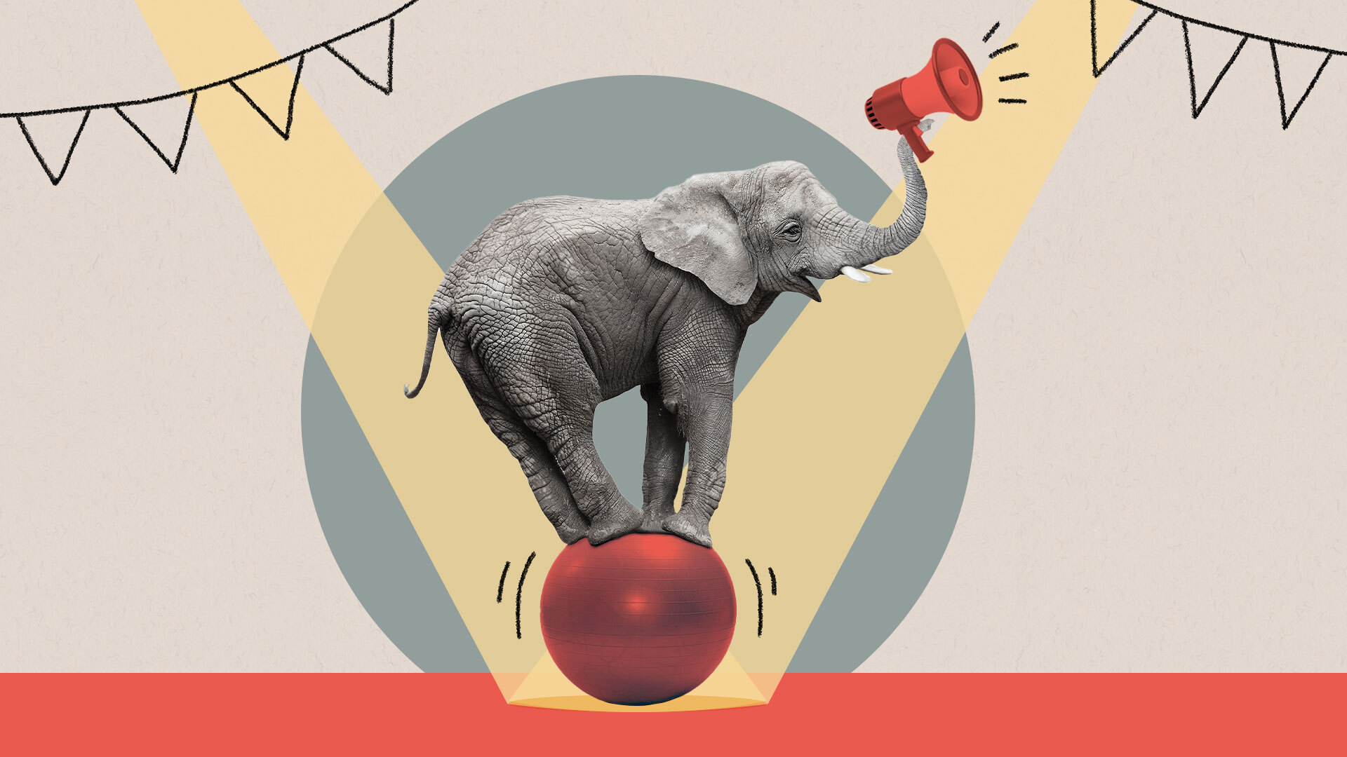Elephant balancing on ball while holding a megaphone